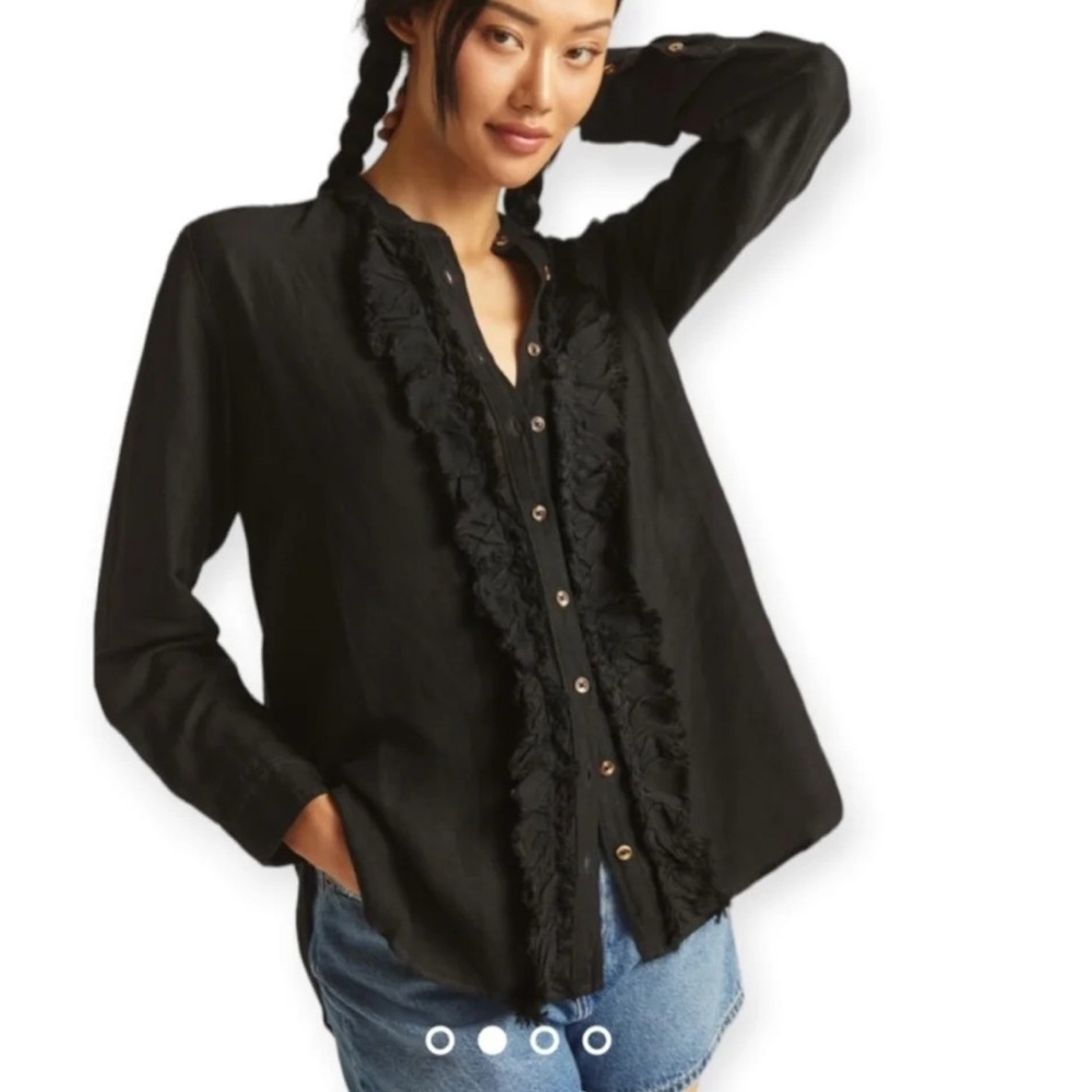 Anthropologie Pilcro Ruffled Front Linen Blend Button Up Shirt Black size XSmall